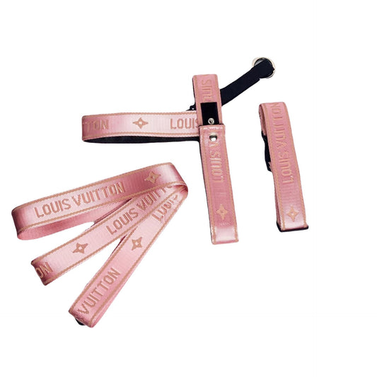 Louis Vuitton Inspired Dog Harness Set - Luxury Monogram Pet Harness with Matching Collar & Leash