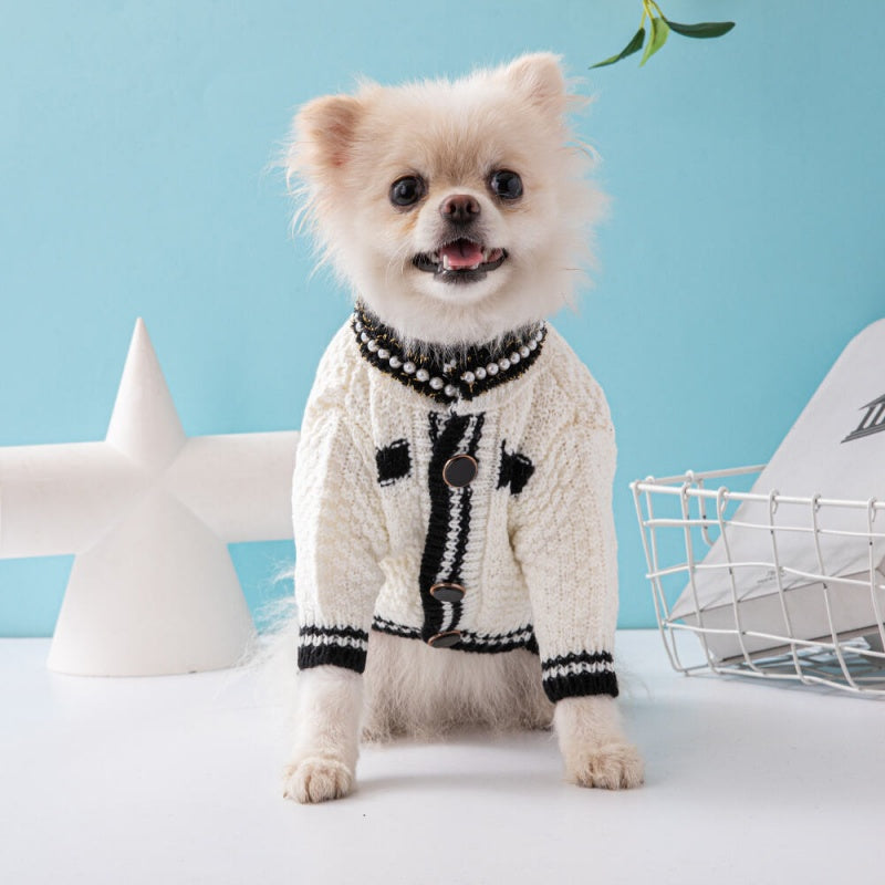 Chanel Style Designer Dog Sweater with Pearl Accents