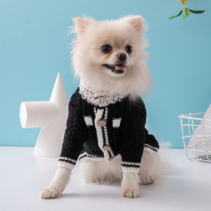 Chanel Style Designer Dog Sweater with Pearl Accents
