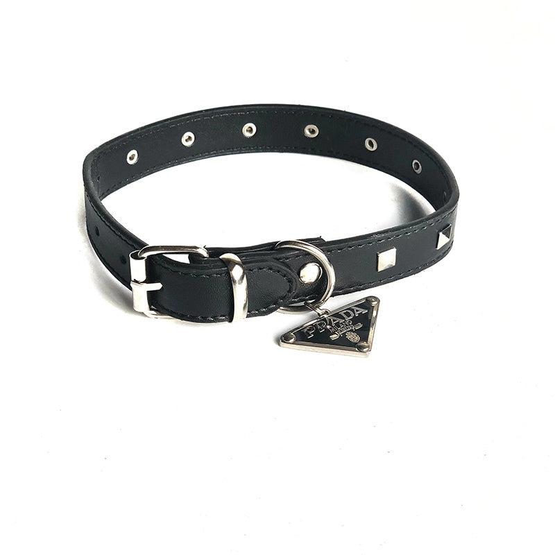 Prada Square Stud Dog Collar with Metal Signature Triangle Logo Plaque