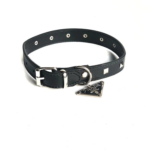 Prada Square Stud Dog Collar with Metal Signature Triangle Logo Plaque