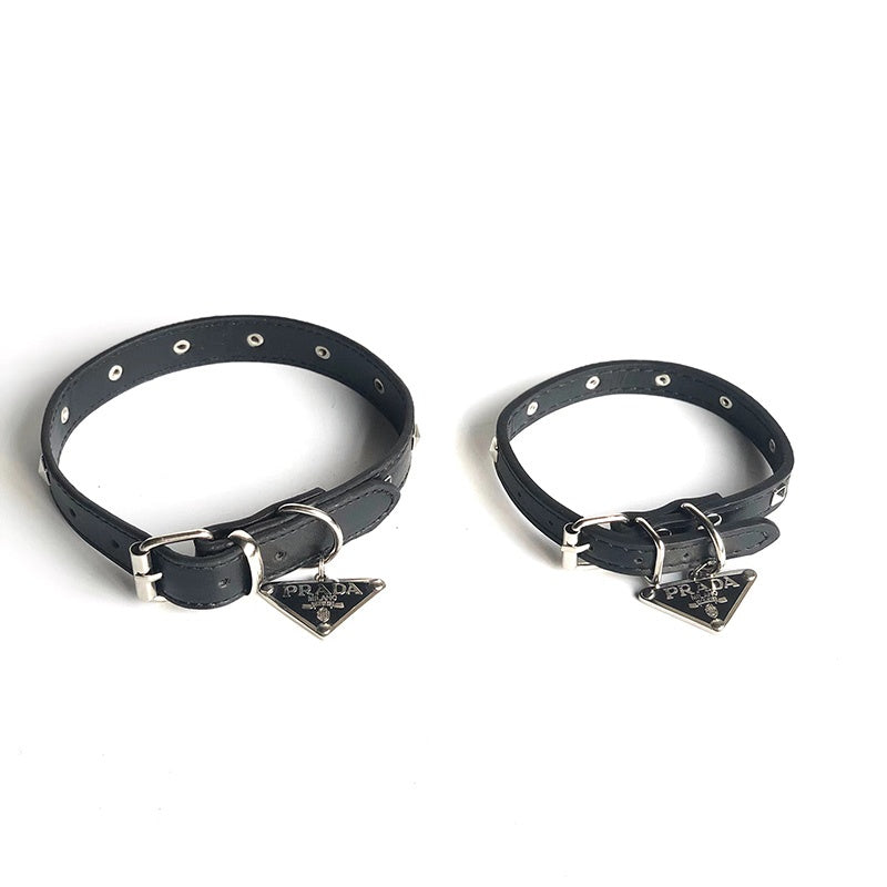 Prada Square Stud Dog Collar with Metal Signature Triangle Logo Plaque