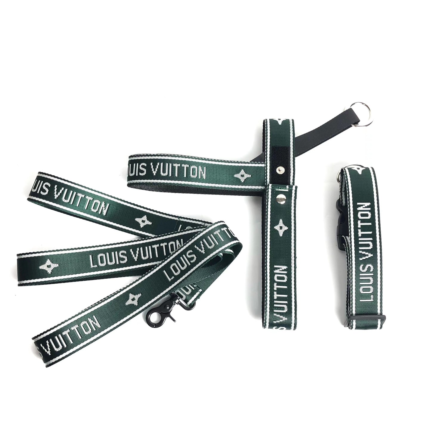 Louis Vuitton Inspired Dog Harness Set - Luxury Monogram Pet Harness with Matching Collar & Leash